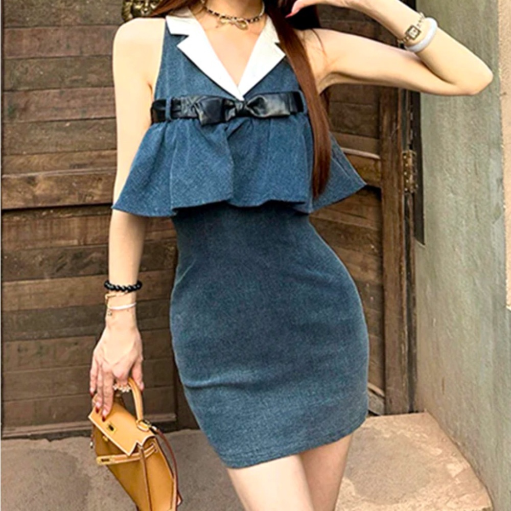 NWT Contrast Lapel Waist Sleeveless Denim Dress